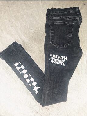 MNML Black Skinny Jeans with 'The Death of Punk' Patch and Checkerboard